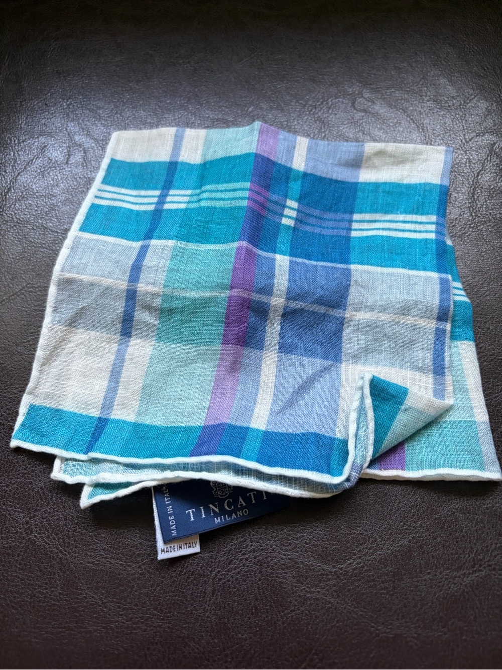 Tincati Milano Aqua & Teal Plaid Linen Pocket Square